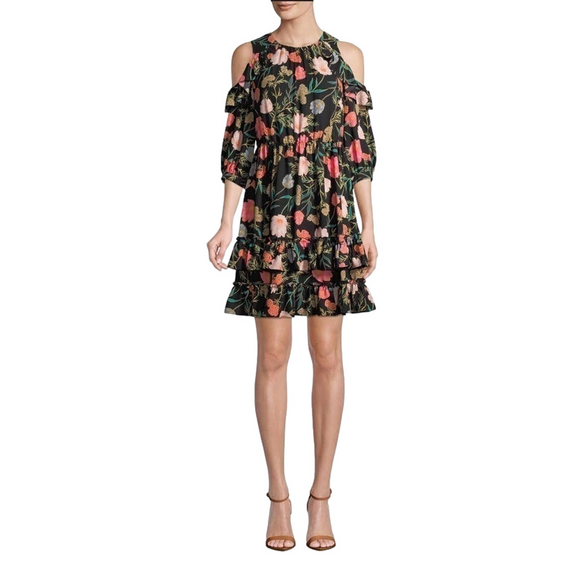 Kate Spade Blossom Floral Ruffled Black cold shoulder dress - Picture 4 of 8
